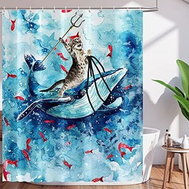 Funny Cat Shower Curtain for Kids Cute Cat Riding Whale Shower Curtains Blue Ocean Surfing Wave Fish Bathroom Decor Shower Curtains Watercolor Durable Polyester Fabric with Hooks 72X72 inch
