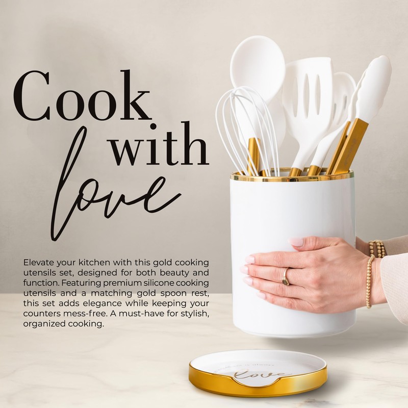 8 Piece White and Gold Kitchen Utensils – White Silicone