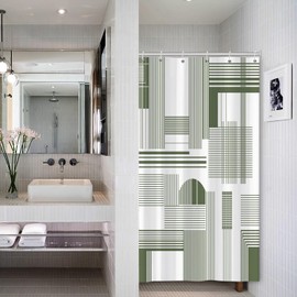 Leowefowa Mid Century Minimalist Shower Curtains Green and White Geometric Striped Lines Abstract Bohemian Shower Curtain Sets 36Wx72L Simple Art Aesthetic Bath Curtain Bathtub Accessories Decor