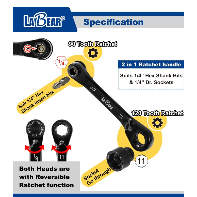 LABEAR-Low Profile 120-Tooth Reversible Ratchet wrench socket set, Non-slip socket,