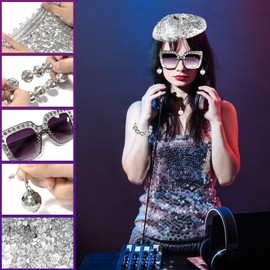 dellyy Glitter Disco Accessories Set, Disco Costume Accessories Women's 70s, Beret Hat, Earrings, Glitter Necklace, Bracelet, Sunglasses, 80s Disco Costume Accessories for Carnival Masquerades Used,