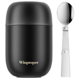 16OZ Vacuum Insulated Food Jar, Airtight Insulated Lunch Containers for Adult & Kids, Stainless Steel Food Container for Hot Food, Kids Lunch Cup with Spoon, School, Office, Picnic, Outdoor (Black)