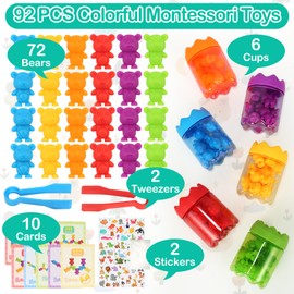 Counting Bears Toy, 92PCS Rainbow Counting Bears Matching Sorting Cups, Cards, Tweezers and Stikers - Montessori Rainbow Matching Game Educational Color Sorting Toys For Toddlers Babies (Bear)