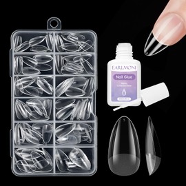 EARLMONI Short Almond Nail Tips - Soft Gel Full Cover Short Nails Tip Set, 120 Pre-Polished Artificial Nails, 12 Sizes False Nail Tips Set with Glue, Suitable for Nail Studio and Nail DIY
