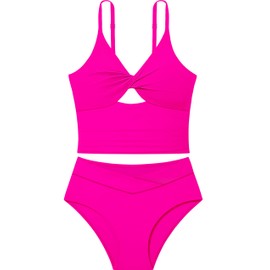 Doumlop - Traje de baño para niñas con bloques de color, tankini con giro, conjunto de dos piezas para niñas de 9 a 16 años, Rosado sólido, 13-14 Años