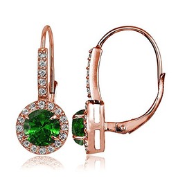 Rose Gold Flashed Sterling Silver Simulated Emerald and Cubic Zirconia Accents Round Leverback Earrings