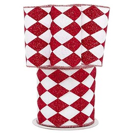 Red White Diamonds Harlequin Ribbon - 4" x 10 Yards, Christmas, Tree Topper Bow, Argyle, Red Wire Edged, Glitter, Wreath Decoration, Garland, Valentine's Day, Mardi Gras