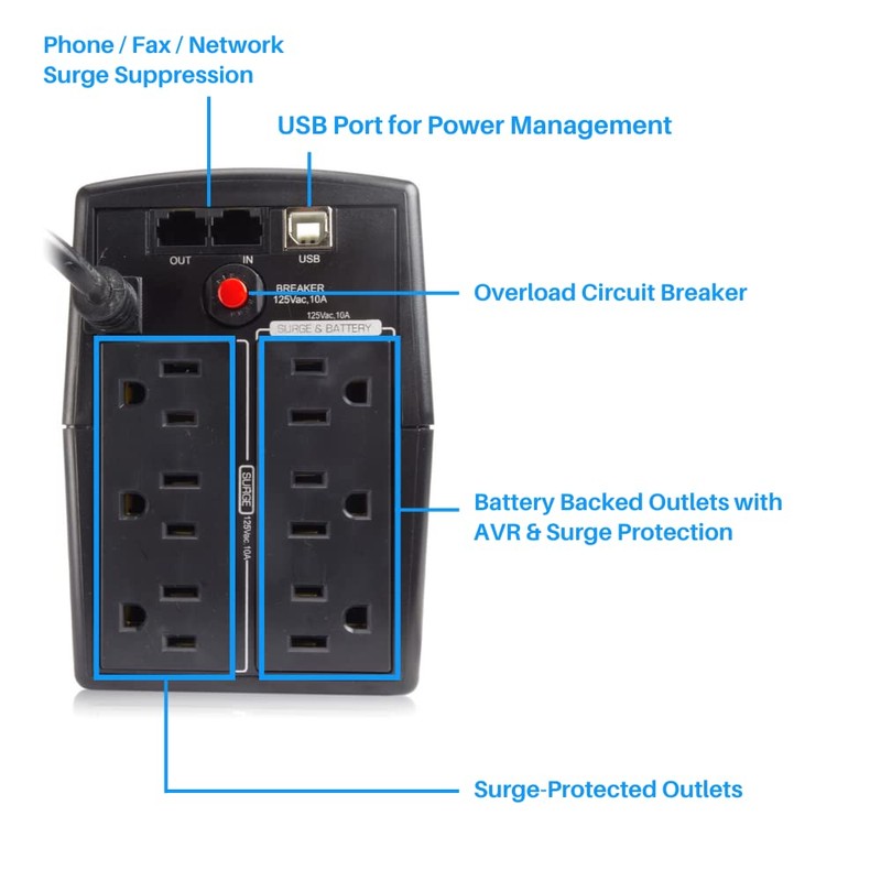 MARUSON 800VA UPS, AVR, 735J Surge Protection, 6 Outlets, Line
