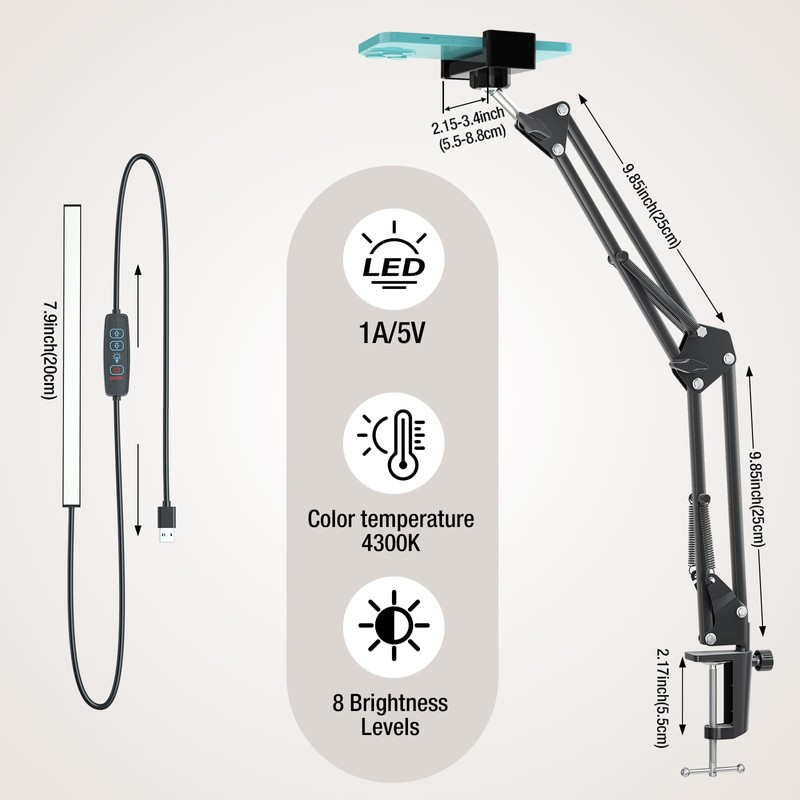 LJINGE Overhead Phone Mount with USB LED Light, Adjustable Articulating