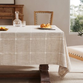 ZeeMart Grid Embroidered Tablecloths 52x70 Inch (Fit 3ft-4ft, Narrow Fit for 5ft Rectangle Table), Taupe Farmhouse Heavy Weight Cotton Linen Water Resistant Boho Table Cloth
