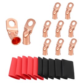 MECCANIXITY 10pcs 1/0 Awg 45° Bent Copper Lugs Battery Cable Ends, 0 Gauge 3/8" Stud Battery Lugs Ring Terminal Connectors with 10pcs 3:1 Black & Red Heat Shrink Tubing