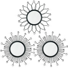 3 Pack Metal Mirrors for Wall Sunburst Wall Mirrors Home Décor Decorative Hanging Wall Art for Living Room Bedroom Entryway (Black Crystal, Flower+Sunburst)