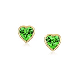 Tiny Green Heart Bezel Set Stud Earrings Girls Cubic Zirconia Simulated Emerald CZ 14K Gold Safety Screwback