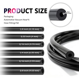6PCS 5Ft Vacuum Lines Automotive with 64PCS Connectors,Multi-Size Silicone Vacuum Hose Automotive Kit Includes ID 1/8" 5/32" 3/16" 1/4" 5/16" 3/8",Vacuums Line Kit Replacement