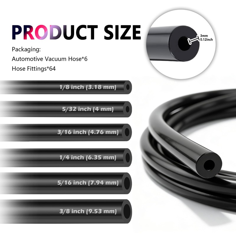 6PCS 5Ft Vacuum Lines Automotive with 64PCS Connectors,Multi-Size Silicone Vacuum