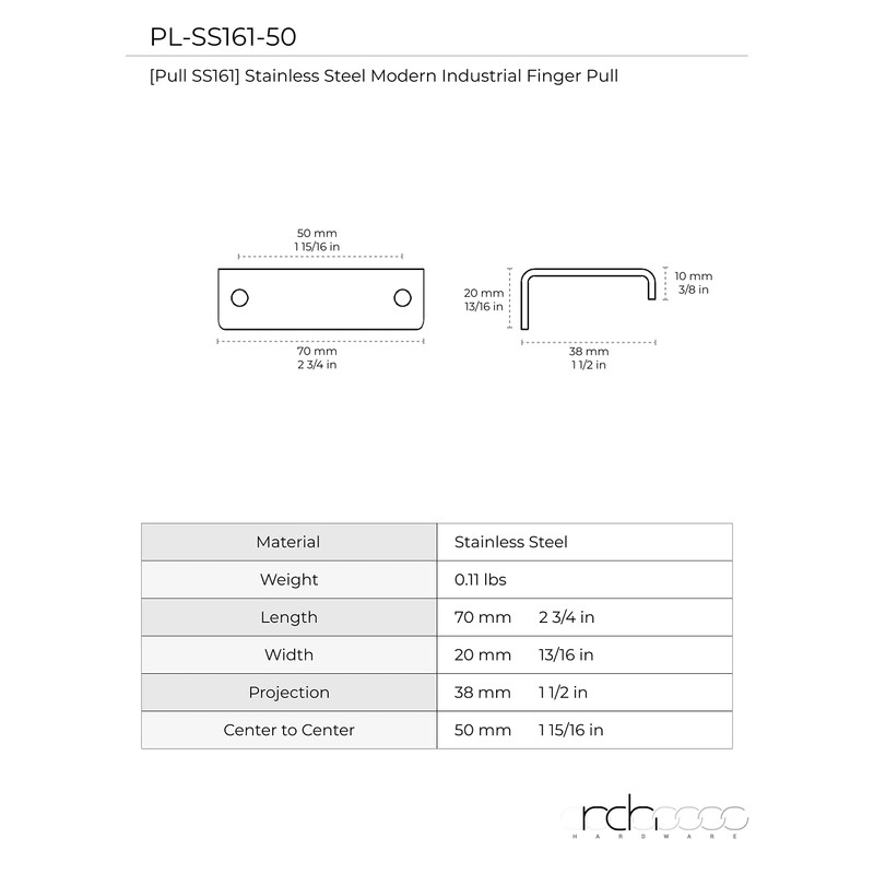 RCH Hardware PL-SS161-50 Solid Stainless Steel Modern Finger Edge Pull,
