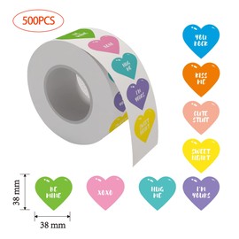 500 PCS Heart Stickers for Kids,Valentine Day Stickers,Love Decorations Labels,Valentines Candy Heart Stickers,Conversation Hearts Stickers roll for Party Supply Classroom Reward Gift Cards Envelopes