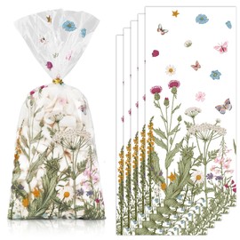 JarThenaAMCS - 100 bolsas de celofán de flores silvestres con lazos torcidos, bolsas de plástico de mariposas florales para dulces transparentes para fiestas de primavera