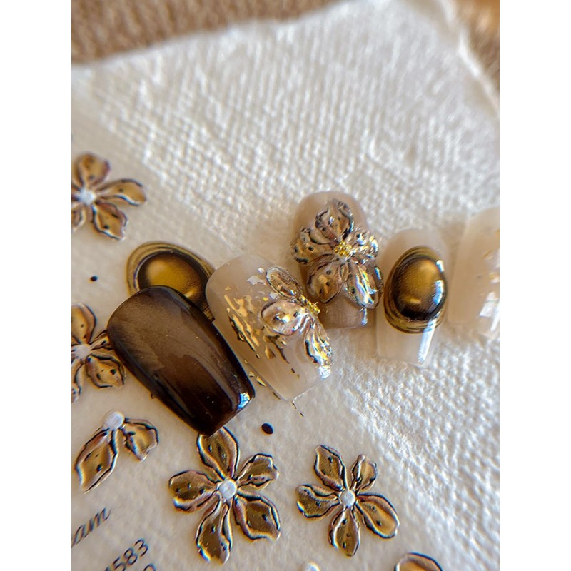 WENYUEN Gold Foil Relief Devil Flower Nail Stickers 3D 3D