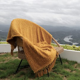 Ultra Soft Cozy Sherpa Throw Blanket, Light Weight Warm Decorative Throw Blanket with Tassel, Mustand Yellow Pattern Reversible Boho Style Blanket for Sofa, Couch, Bedroom,Travel, 50”x60”