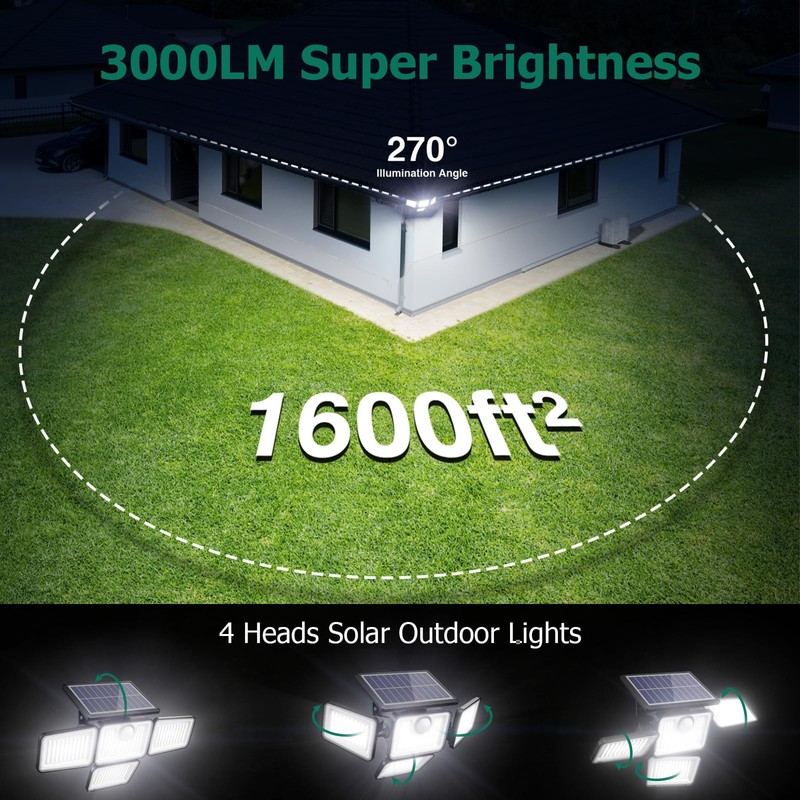 3000LM Solar Lights outdoor, 413 LEDs 4 Adjustable Heads Solar