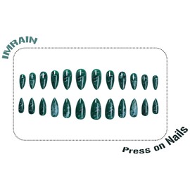 IMRAIN Press on Nails Medium Almond Fake Nails Green Ombre Marble False Nails Full Cover Glossy Artificial Glue on Nails Reusable Acrylic Nails Stick on Nails for Women Manicure Kit
