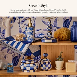 MACKENZIE-CHILDS Enamel Lidded Sugar Bowl, Small Serving Bowl with Lid, 10-Ounce Capacity, Blue-and-White Royal Check