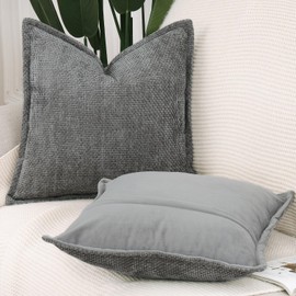 Madizz Set of 2 Chenille Velvet Cushion Covers with Flange Soft Boho Textured Throw Pillow Covers Broadside Pillowcases Modern Farmhouse Home Decor for Sofa Bedroom Dark Grey 24x24 inch, 60x60 cm