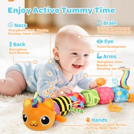 Baby Toys 0-6 6-12 Months, Sensory Musical Animal Stuffed Toy for Infant 0-3 3-6 Months, Tummy Time Toys with Mirror Crinkle Rattle, Plush Unicorn Cat Toy Gifts for 0 1 2 3 4 5 6+ Months Boys Girls