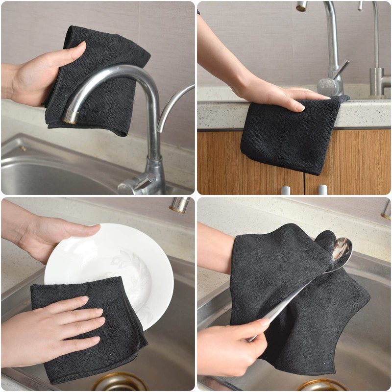 VIVOTE Black Microfibre Cloth Dish Cloth for Kitchen 9pack Cleaning