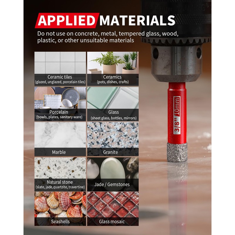 Dry Diamond Drill Bits, 3/16" 1/4" 5/16" 3/8" 1/2" Tile