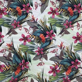 Kt KILOtela 100% Cotton Canvas Fabric Digital Printed Half Panama - Maroon Green - 140cm wide - Tropical Flowers & Leaves - per metre