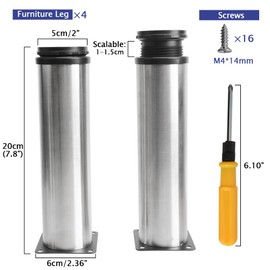 Toolzia 4Pcs Furniture Legs, 7.87"/20cm Adjustable Furniture Support Feet,Adjustable Height Replacement Support Feet Legs for Sofa Table Chair Desk Kitchen Cupboard Cabinets Legs Feet (Silver)