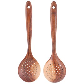 2Pcs Teak Slotted Spoon, Skimmer Slotted Spoon Slotted Spoon Spaghetti Spoon Pasta Spoon Long Handle Skimmer Scoop Cooking Kitchen Utensil