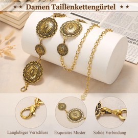 JasGood Women's Concho Waist Chain Belt Fashion Chain Belt Waist Chain Waist Belt Adjustable Metal Belt Gold Women's Western Cowgirl Belt for Dresses, B-Antique Gold(Double Round)