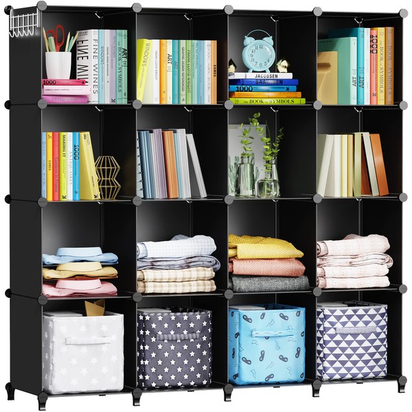 HOMIDEC Cube Storage Organizer 16-Cube Storage Shelf for Garment Racks, Closet Organizers with Metal Hammer, Bookshelf for Kids, (48.4 L x 12.2 W x 48.4 H Inches),Black