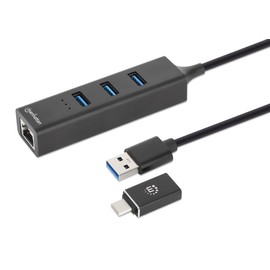 MANHATTAN 180894 Hub USB 3.0 3 Ports Combo Type-C/A with Gigabit Network Adapter - Black
