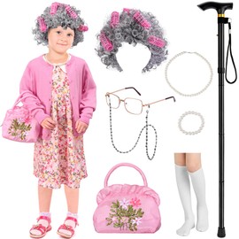 Zivyes Old Lady Costume for Girls 100 Days of School Costumes Granny Wig Glasses Necklace Grandma Dress Up Accessories(Pink, M)