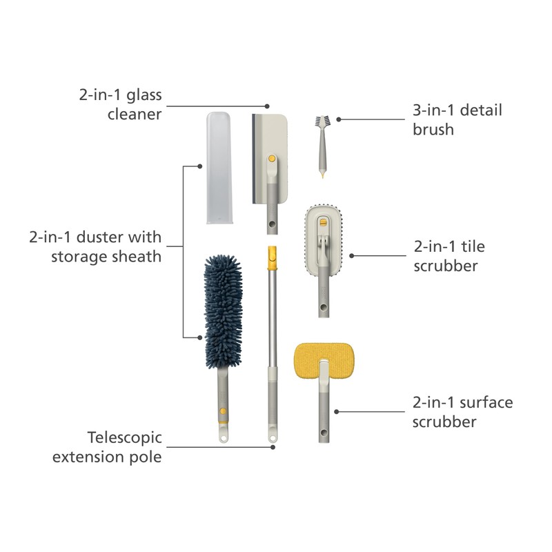 Joseph Joseph CleanTech 6-Piece Cleaning Set with Extension Handle, Includes: