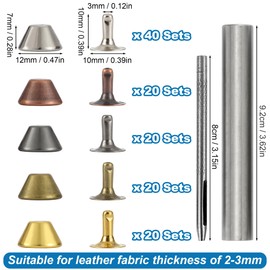 YORANYO 120 Sets 12x7mm Purse Feet for Handbags Barrel Leather Rivets Studs for Clothing Metal Studs and Spikes with Hole Punch and Barrel Rivet Setter for Shoes Bags Belts Dog Collars Leather Craft