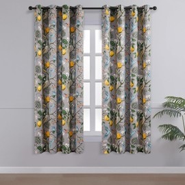 Topfinel 54 Inches Long Short Grey Blackout Curtains for Cafe Kitchen, Grommet Room Darkening Luxury Floral Lemon Hummingbird Patterned Waverly Colorful Drapes for Living Room Bedroom
