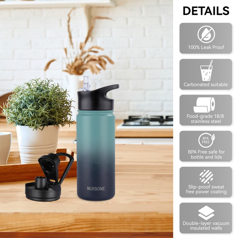 MURBONE Stainless Steel Drinking Bottle 500 ml (+ 2 Lids)