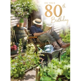 Noel Tatt Male 80th Birthday Card - Happy Birthday Card Age 80 with Garden Reading Design - Birthday Card for Men