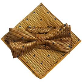Dot (Small) Yellow Gold [Bow Tie & Pocket Square] 2-piece Set Ribbon Men's One-Touch Setup Formal Pattern Wedding After-Party, gold (blue dots)
