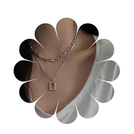 Yheakne Geometric Square Pendant Necklace Gold Layered Curb Chain Necklace Chunky Flat Chain Choker Necklace Hollow Square Necklace Jewellery for Women and Girls (Gold), Metal