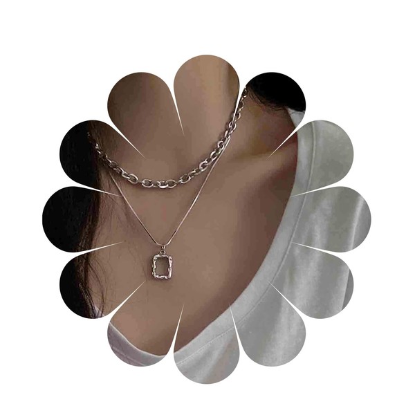 Yheakne Geometric Square Pendant Necklace Gold Layered Curb Chain Necklace