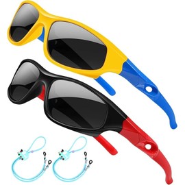 Rocf Rossini Pack of 2 Flexible Kids Sunglasses Boys Polarized Sports Sun Glasses Girls Cycling Shades with Straps UV400 Protection Eyewear for Age 3-10 (Black/Red+Yellow/Blue)