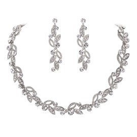 EVER FAITH Wedding Jewellery Set Art Deco Hollowed Marquise Crystal Leaf Cluster Necklaces and Earrings Set, Crystal, No Gemstone