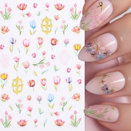 Summer Nail Art Stickers 3D Self-Adhesive Nail Decals Pink Blue Flower Stickers for Nails Designs Cute Flower Manicure Supplies for Women Girls DIY Nail Art Decorations 6 Sheets