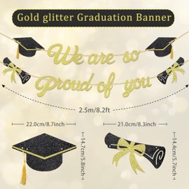 Graduation Banner 2025, Graduation Decoration 'We are so proud of you' Graduation Banner Class of 2025, Grad Banner Gitter Party Decoration (Golden& Black, W)